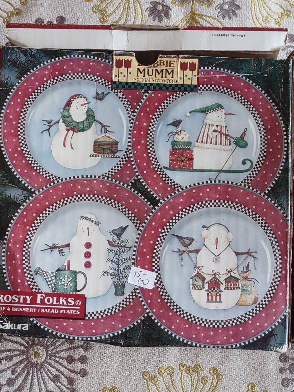 Vintage Sakura "Frosty Folks" Set of 4 Debbie Mumm Stoneware Plates With Snowman